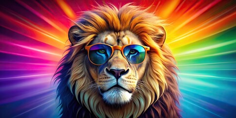 Wall Mural - Cool lion wearing sunglasses in front of a vibrant background, lion, sunglasses, colorful, background, fun, quirky, wild, animal