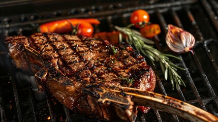 Wall Mural - Savor the smoky goodness of our grilled Tomahawk steak, a colossal cut perfect for sharing or indulging in a majestic culinary experience