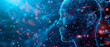 © AI ART WORLD - Human head with interconnected data points, glowing lines, and abstract elements in a vibrant blue and red color scheme. AI, data visualization, neural networks, and futuristic technology. AI research