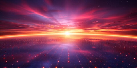 Aufkleber - Digital abstract sunrise over the horizon, capturing the vibrant colors and glowing energy of a futuristic landscape at dawn, Generative AI