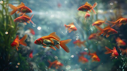 Luminous goldfish shimmering in an aquarium setting.