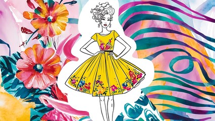 Wall Mural - Colorful Watercolor  Fashion Girl Line Art