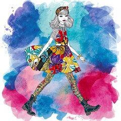 Wall Mural - Colorful Watercolor  Fashion Girl Line Art