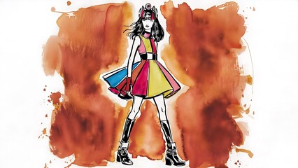 Wall Mural - Colorful Watercolor  Fashion Girl Line Art