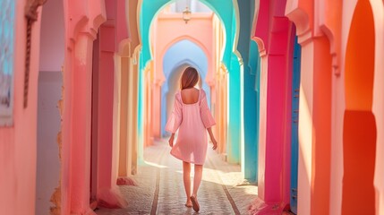 Young woman exploring vibrant Moroccan alleyway in summer.