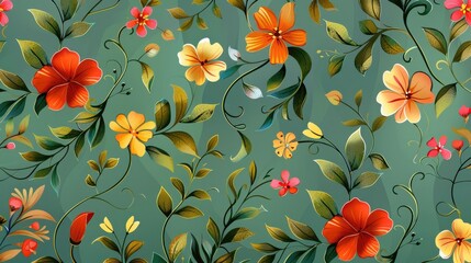 Wall Mural - Seamless floral design on a green backdrop