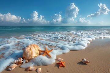 Colorful seashells and starfish on sandy beach, turquoise waves, tropical paradise