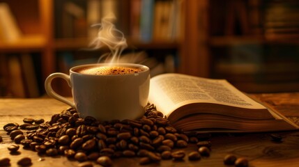 Wall Mural - A cup of coffee drink and coffee beans with a book on a table