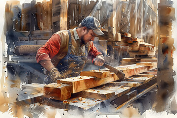Watercolor painting of a male carpenter sawing wood in a sawmill.