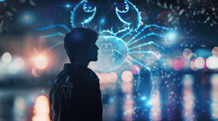 Wall Mural - Man in the image of a zodiac sign Cancer on blurred background