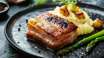 Canvas Print - Grilled pork belly with black pepper asparagus and mashed potatoes Fine dining dish