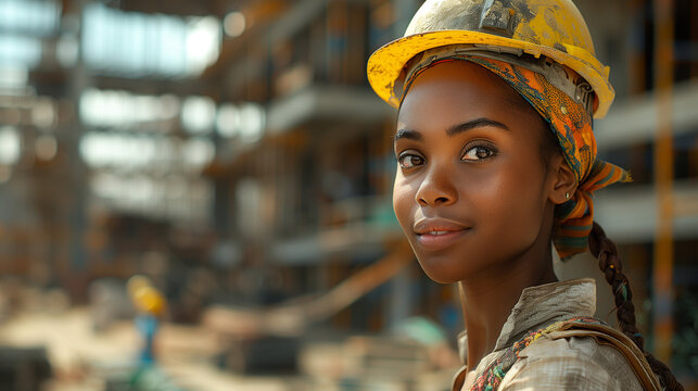young female construction worker with hard hat and colorful headscarf confidently standing at a busy construction site