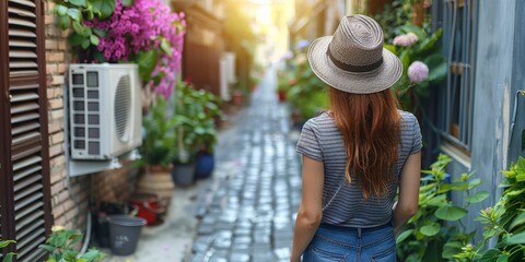 Back view of a woman exploring a quaint, flower-lined alley, capturing the serene beauty and vibrant colors of a summer travel adventure, Generative AI