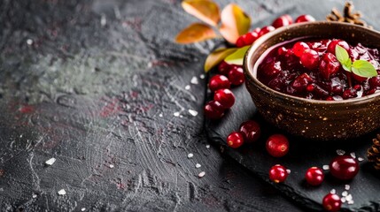 Cranberry sauce in a bowl with fresh berries and fall leaves