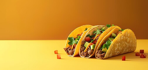 Traditional Mexican tacos with meat and vegetables on yellow background