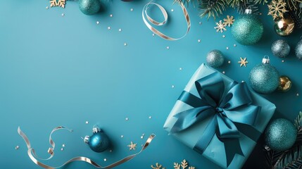 Poster - Blue background with satin ribbon Festive gift display for New Year and Christmas in flat lay