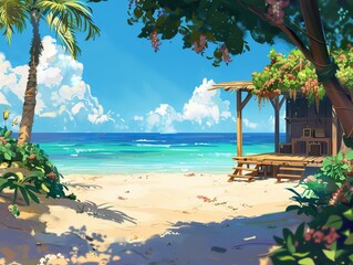 Canvas Print - An idyllic illustration of a beachfront cabin surrounded by vibrant tropical plants, providing an ideal abstract background or wallpaper