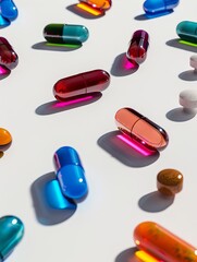 Leinwandbilder - Vivid pills and capsules in different colors and textures create a striking visual in a close-up image on a white surface. Generative AI