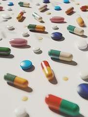 Poster - Close-up of colorful pills and capsules on white background, showcasing texture and details of medications for a vibrant, clinical feel. Generative AI
