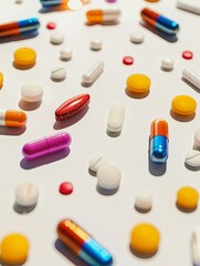 Poster - Close-up photo of colorful pills and capsules on a white surface, showcasing texture and details for a clinical feel. Generative AI