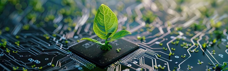 Wall Mural - Tree growing on the converging point of computer circuit board. Green computing, technology, IT, CSR, and IT ethics. Environment technology. AI generated illustration