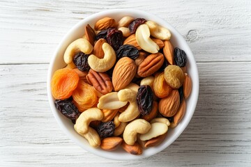 White bowl is overflowing with a mix of nuts and dried fruit. Creating a delicious and healthy snack. Pecans. Cashews. Almonds. And raisins are mixed with dried apricots for a sweet and salty treat