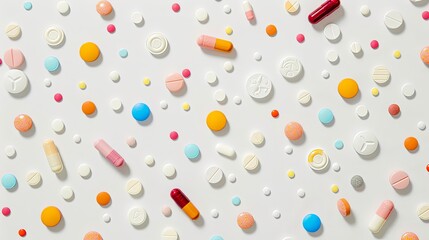 Leinwandbilder - Bright clinical atmosphere created by close-up image of colorful pills and capsules on clean white surface, focusing on texture and details. Generative AI