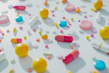 Poster - Close-up of various pills and capsules on white surface, emphasizing texture and detail for a clinical feel. Generative AI