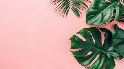 Wall Mural - Tropical leaves Monstera on pink pastel color background. Flat lay, top view,