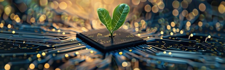 Wall Mural - Tree growing on the converging point of computer circuit board. Green computing, technology, IT, CSR, and IT ethics. Environment technology. AI generated illustration