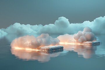 A digital art piece of a summer nighta??s dream with beds made of soft light clouds