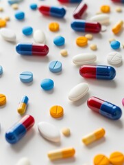 Poster - A close-up shot of various colored pills and capsules scattered on a clean white surface, showcasing the texture and details of each tablet. Generative AI