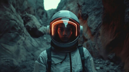 Young woman wearing spacesuit walks on alien planet, portrait of girl in helmet in dark scary place. Concept of people, space travel, scifi, astronaut, future, exploration