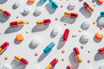 Poster - Close-up image of colorful pills scattered on white background, highlighting texture and details for a clinical feel. Generative AI