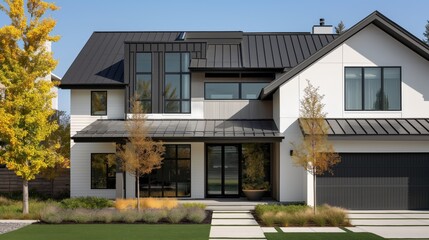 Exterior architecture image of modern white house with grey metallic roof front door porch outdoors on sunny day