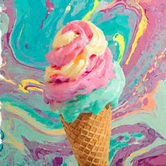 Watercolor illustration of ice cream in a waffle cone on a colorful background