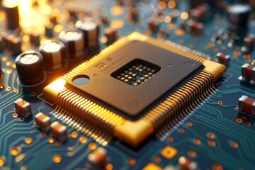 Leinwandbilder - Detailed view of a microchip on a circuit board, showcasing the intricate design and technology behind modern electronics and computer hardware components, Generative AI