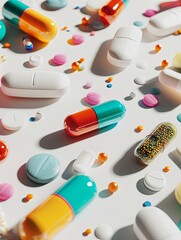 Poster - A close-up image of various colorful pills and capsules scattered on a clean white background, showcasing the texture and details of the tablets. Generative AI