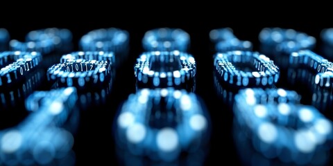 Fototapete - Futuristic binary code in blue glow, representing digital technology and data, highlighting the importance of cybersecurity, encryption, and programming in modern information systems, Generative AI