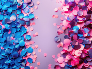 Canvas Print - A vibrant and colourful confetti background with blue and pink circles scattered across, capturing the festive and joyful atmosphere of a celebration.