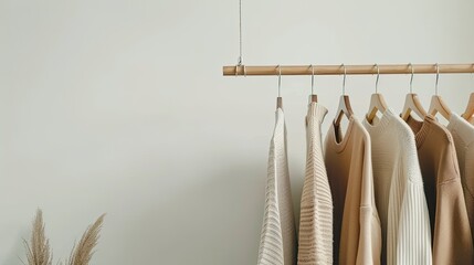 A close-up image of five neutral-colored clothing items hanging on a white garment rack