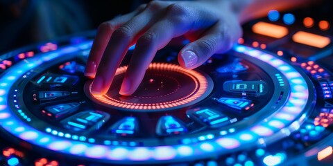 Leinwandbilder - Hand interacting with an illuminated digital interface, showcasing futuristic technology and the seamless control of modern electronic devices, Generative AI