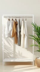 Wall Mural - A close-up image of five neutral-colored clothing items hanging on a white garment rack