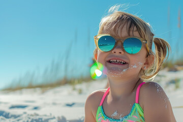 Canvas Print - A cute little girl wearing sunglasses and a pink and green swimming suit is playing on the beach, smiling happily