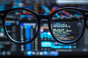 view of programming code through glasses, emphasizing software development, digital focus, and the v