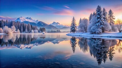 Wall Mural - Tranquil winter twilight scene with snowy landscape, icy lake, frosted trees, majestic mountains