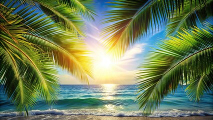 Wall Mural - Summer breeze gently rustling through palm fronds , tropical, tranquil, nature, serene, palm trees, vacation, relaxation, exotic