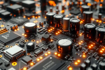 Leinwandbilder - Close-up of a circuit board with glowing components, highlighting advanced technology and the intricate details of modern electronics, Generative AI