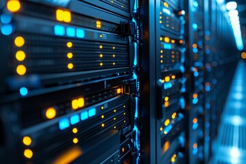 Fototapete - High-tech server room with modern infrastructure, showcasing data storage, network equipment, and advanced technology for information management, Generative AI