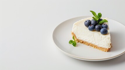 Wall Mural - A close-up of a slice of blueberry cheesecake with a mint garnish on a white plate